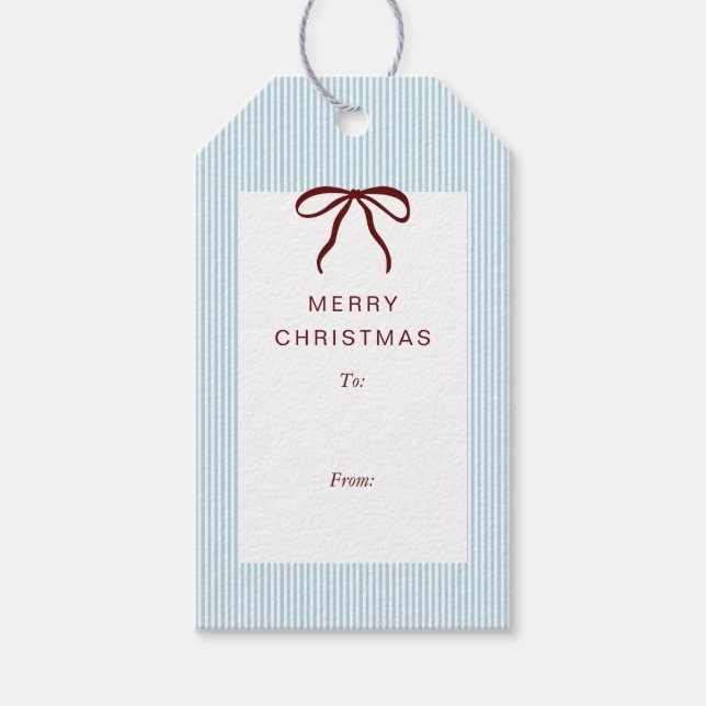 Classic Stripes Red Bow Merry Christmas Presentetikett (Framsidan)