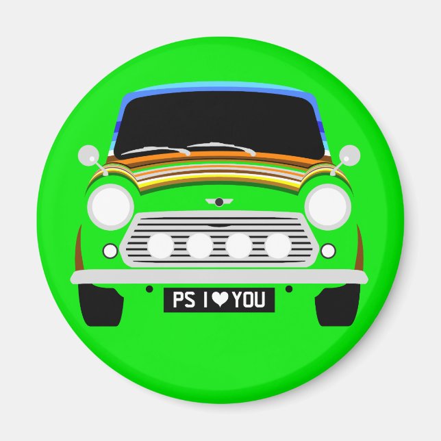 Classic Stripey Austin Mini Cooper car Magnet (Framsidan)