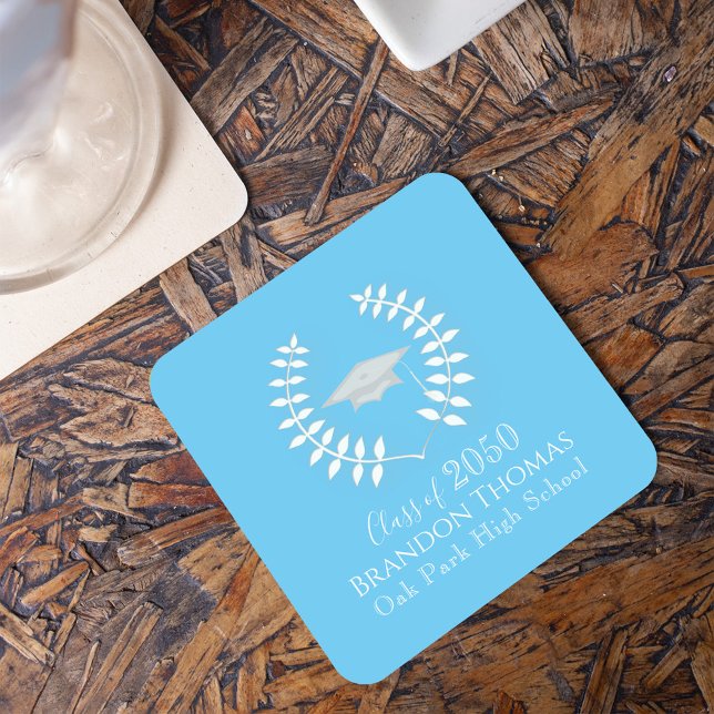 Classic Studentfest Carolina Blue Anpassningsbar Underlägg Papper Kvadrat (Carolina blue laurel leaf custom graduation party paper coaster. )
