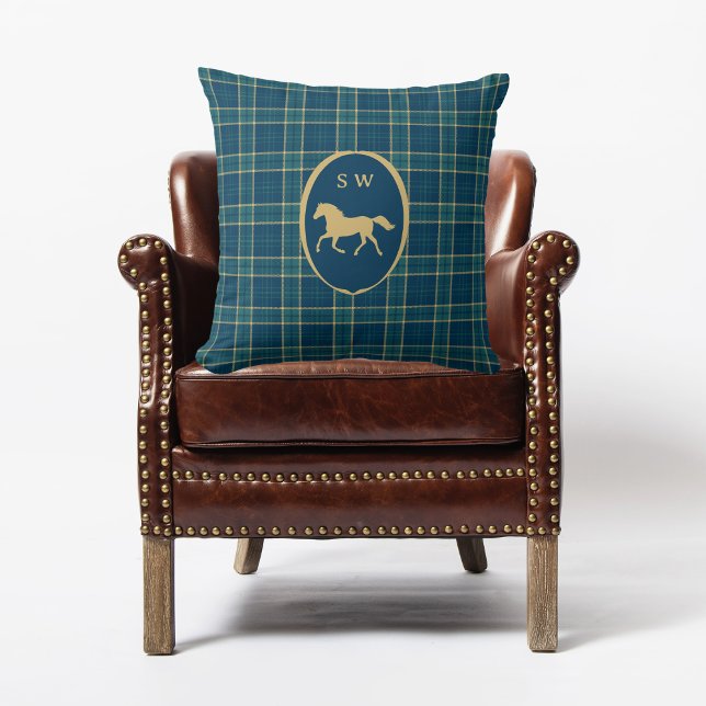Classic Tartan Play Horse Equestrian Monogrammed Kudde (Skapare uppladdad)