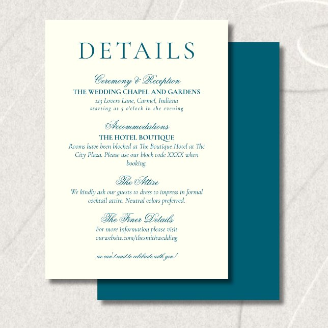 Classic Teal Blue Minimalist Wedding Details Tilläggskort (Classic Teal Blue Minimalist Wedding Details Enclosure Card)