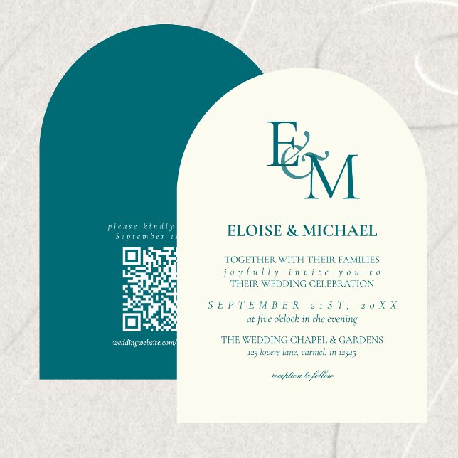Classic Teal Blue Monogram Minimalist Wedding Inbjudningar (Classic Teal Blue Monogram Minimalist Wedding Invitation)