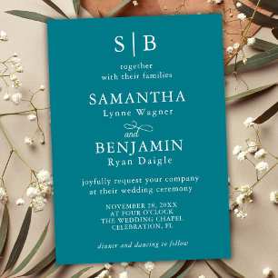 Classic Teal Monogram Initialer Bröllop Inbjudningar