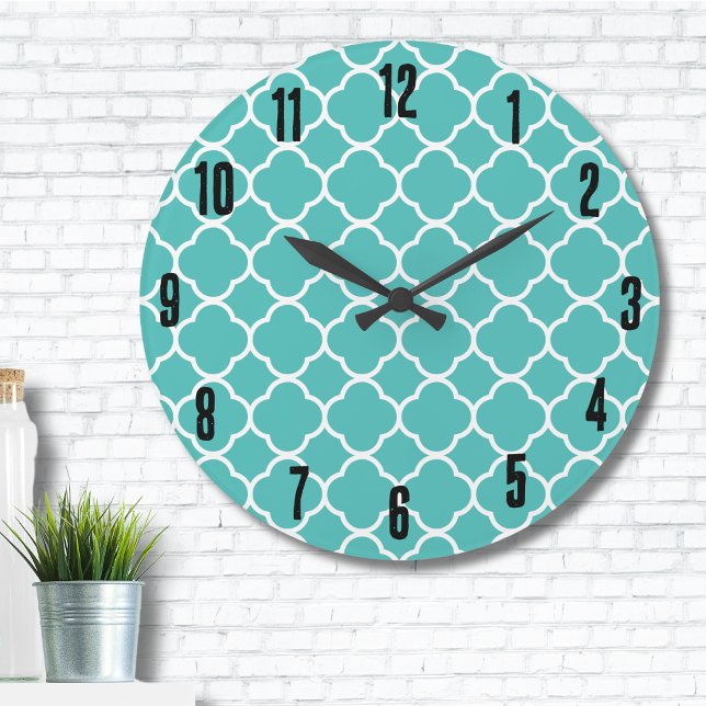 Classic Teal Moroccan Mönster Stor Klocka (Stylish Cute Teal Turquoise Moroccan Print Pattern Large Clock)
