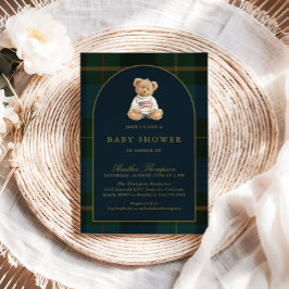 Classic Teddy Bear Green & Blue Plaid Baby Shower Inbjudningar