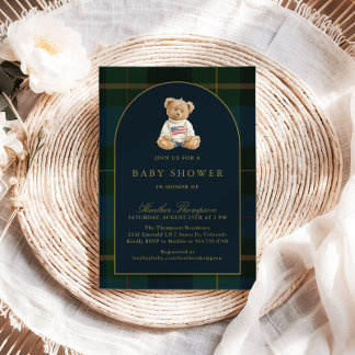 Classic Teddy Bear Green & Blue Plaid Baby Shower Inbjudningar
