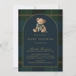 Classic Teddy Bear Green & Blue Plaid Baby Shower Inbjudningar