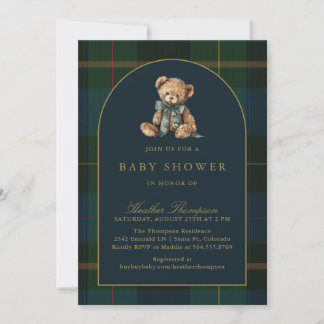 Classic Teddy Bear Green & Blue Plaid Baby Shower Inbjudningar