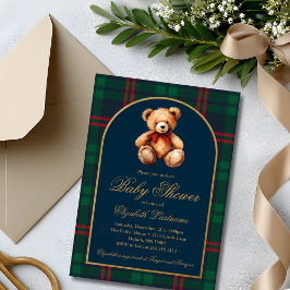 Classic Teddy Bear Navy Plaid Preppy Baby Shower Inbjudningar