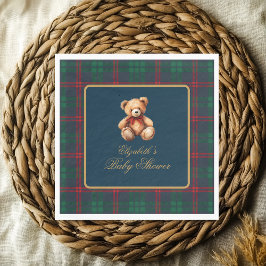 Classic Teddy Bear Navy Plaid Preppy Baby Shower Pappersservett