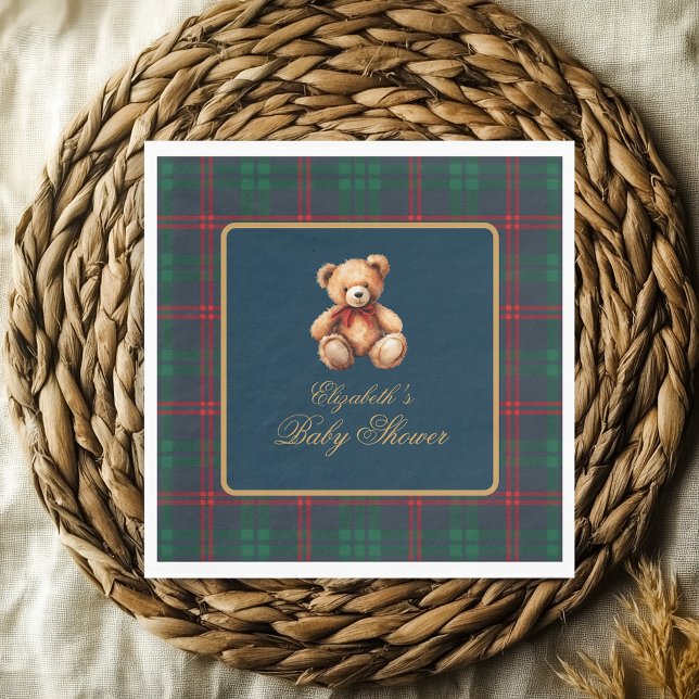 Classic Teddy Bear Navy Plaid Preppy Baby Shower Pappersservett (classic Teddy Bear Navy Plaid Preppy Baby Shower Napkins)