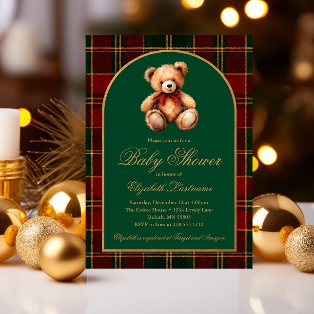 Classic Teddy Bear Tartan Plaid Preppy Baby Shower Inbjudningar (Classic Teddy Bear Tartan Plaid Preppy Baby Shower Invitation #elegantbabyshower #holidaybabyshower)