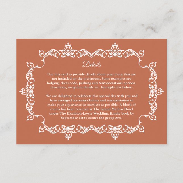 Classic Terracotta Clay Ornately Framed Wedding Tilläggskort (Framsida)