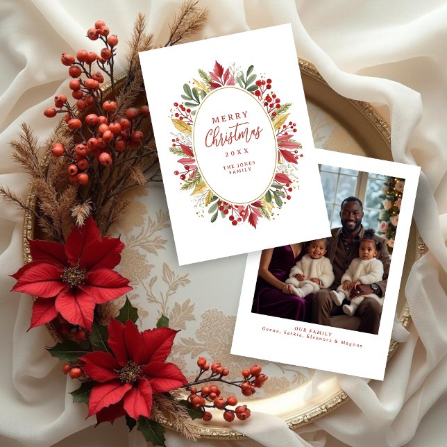 Classic Traditional Christmas Botanical Oval Frame Julkort (Classic Traditional Christmas Botanical Oval Frame Holiday Cards with Back Photo.)