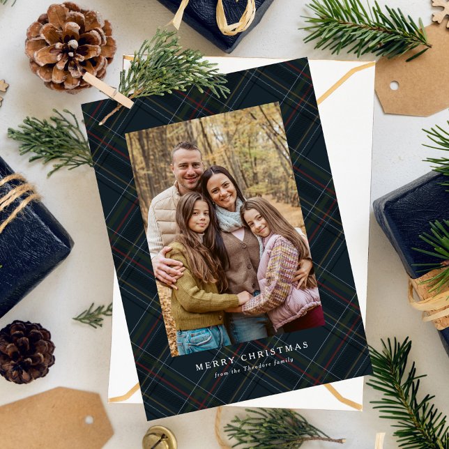 Classic traditional navy plaid two photo Christmas Julkort (Skapare uppladdad)