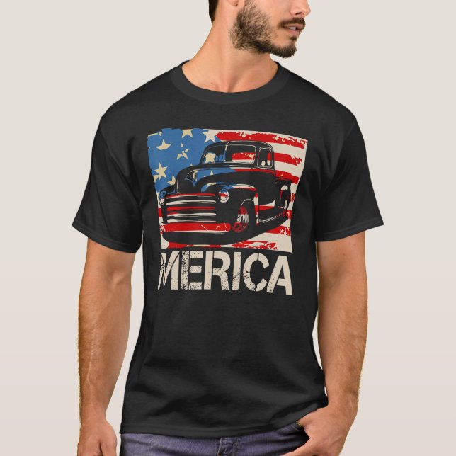 Classic Truck  Merica American flag with pickup tr T Shirt (Framsida)