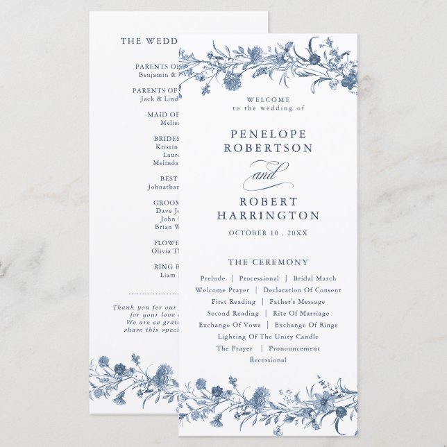 Classic Victorian Blue French Garden Chic Wedding Program (Fram/baksida)