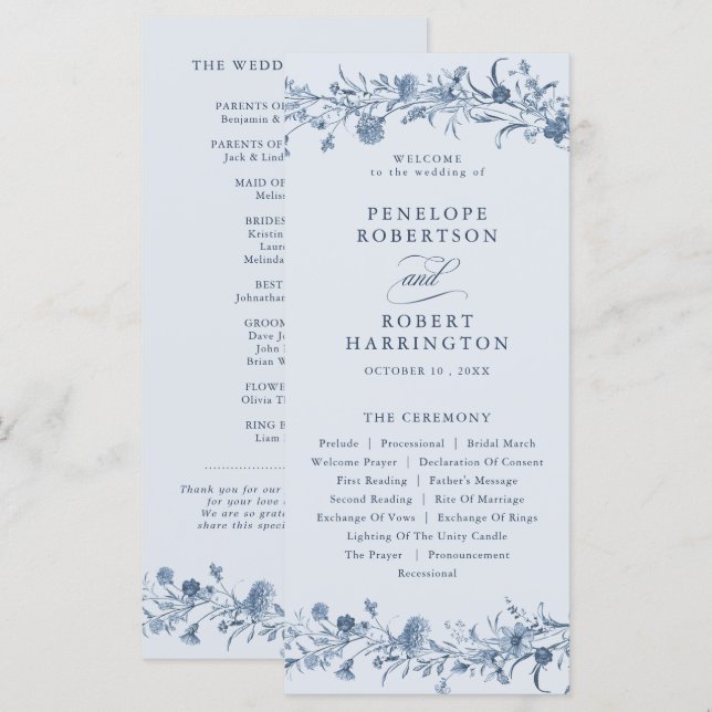 Classic Victorian Blue French Garden Chic Wedding Program (Fram/baksida)