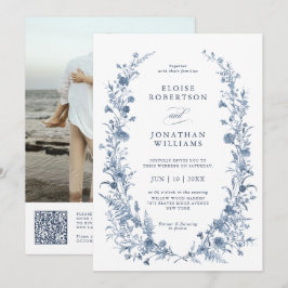 Classic Victorian Blue French QR Code Wedding Inbjudningar