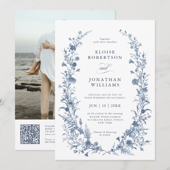 Classic Victorian Blue French QR Code Wedding Inbjudningar (Fram/baksida)