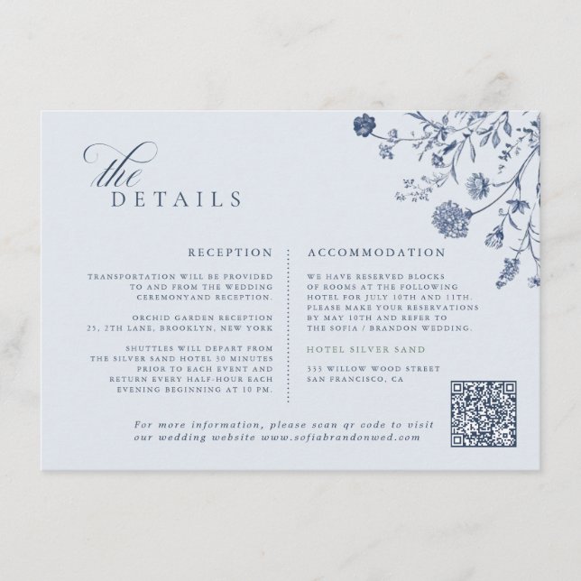 Classic Victorian Blue French QR Code Wedding Tilläggskort (Framsida)