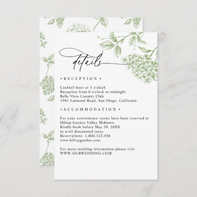 Classic Victorian Green Floral Wedding Details Tilläggskort (Fram/baksida)