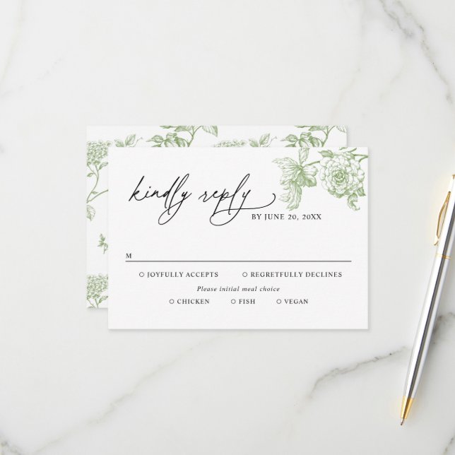 Classic Victorian Green Meal Options Wedding RSVP OSA Kort (Fram/Back In Situ)
