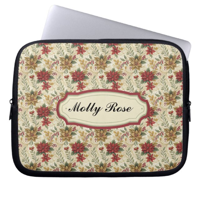 Classic Vintage Red & Guld Poinsettia Blommigt Laptop Fodral (Framsidan)