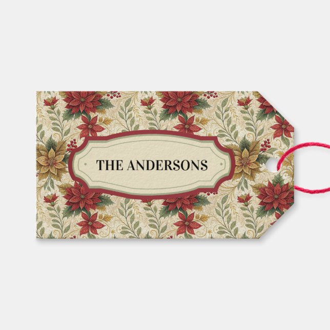 Classic Vintage Red & Guld Poinsettia Blommigt Presentetikett (Framsidan (Horisontell))