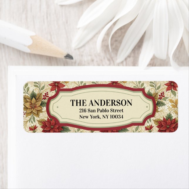 Classic Vintage Red & Guld Poinsettia Blommigt Returadress Etikett (Insitu)