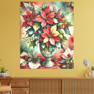 Classic Watercolor Red Poinsettia Bouquet Canvastryck