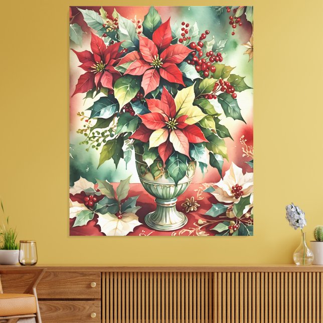 Classic Watercolor Red Poinsettia Bouquet Canvastryck (Insitu (Vardagsrum))