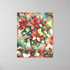 Classic Watercolor Red Poinsettia Bouquet Canvastryck