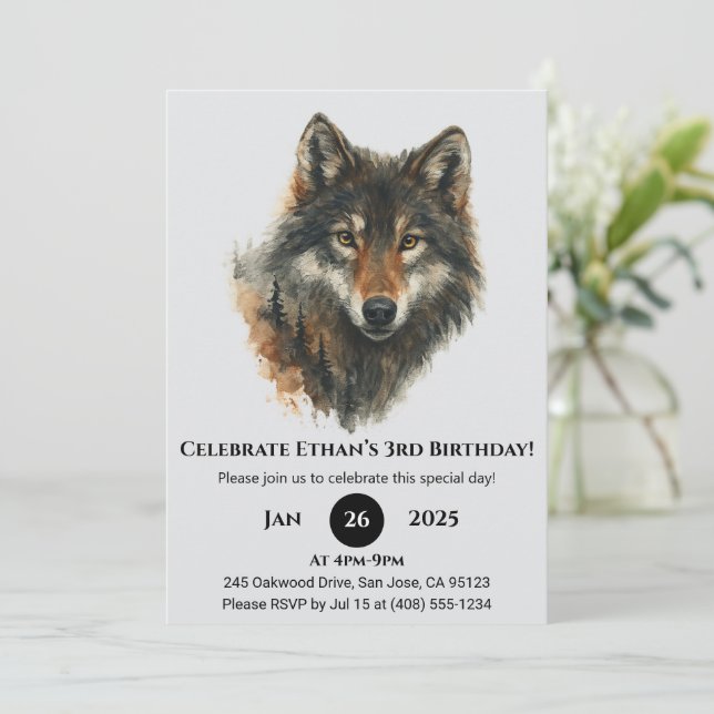 Classic Watercolor Wolf Birthday Inbjudningar (Stående Fram)