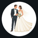 Classic Wedding Couple Sticker Runt Klistermärke<br><div class="desc">Adorable illustration of a bride and groom sharing a loving moment,  perfect for weddings and love-themed decor.</div>