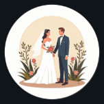 Classic Wedding Couples Sticker Runt Klistermärke<br><div class="desc">Capture the magic of love and commitment with this elegantly illustrated sticker featuring a newlywed couple surrounded by vibrant flowers.</div>