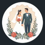 Classic Wedding Icons Runt Klistermärke<br><div class="desc">Adorable digital illustration featuring a bride and groom surrounded by elegant red roses and green leaves,  perfect for wedding-themed decorations.</div>