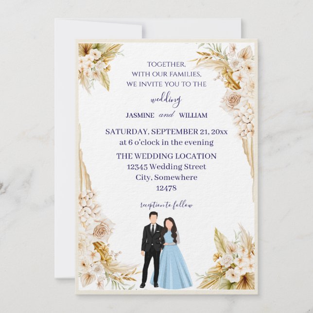 Classic wedding invitation in beige and gold inbjudningar (Framsida)