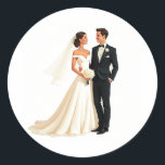 Classic Wedding Romance Sticker Runt Klistermärke<br><div class="desc">Celebrate love with this elegant sticker,  featuring a joyful bride and groom in traditional attire,  perfect for wedding festivities and romantic messages.</div>