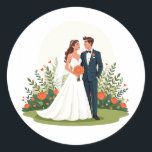 Classic Wedding Romance Sticker Runt Klistermärke<br><div class="desc">Adorable and elegant sticker featuring a bride and groom surrounded by vibrant flowers,  perfect for wedding celebrations and romantic gifts.</div>