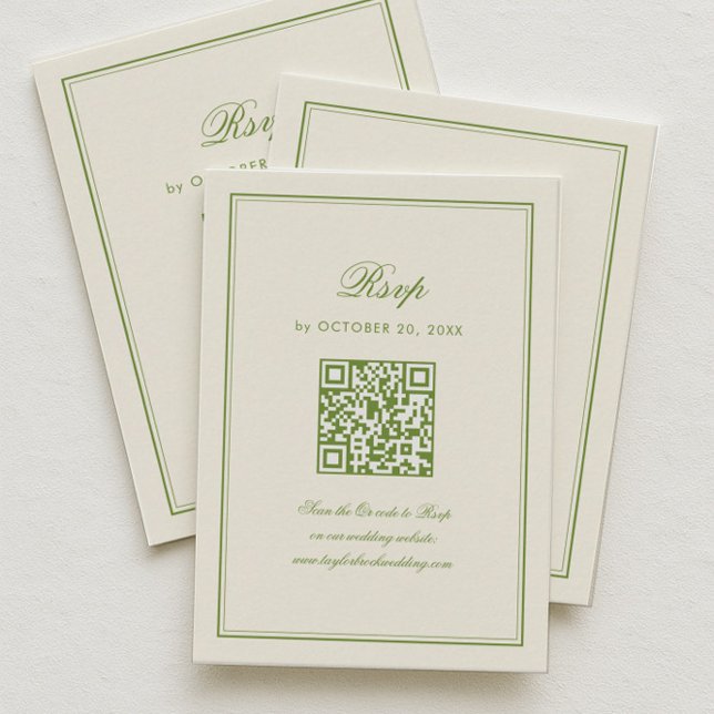 Classic White and Sage Green Wedding RSVP Qr Code Tilläggskort (Skapare uppladdad)