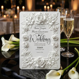 Classic White Bas Relief Faux Embossed Floral  Inbjudningar