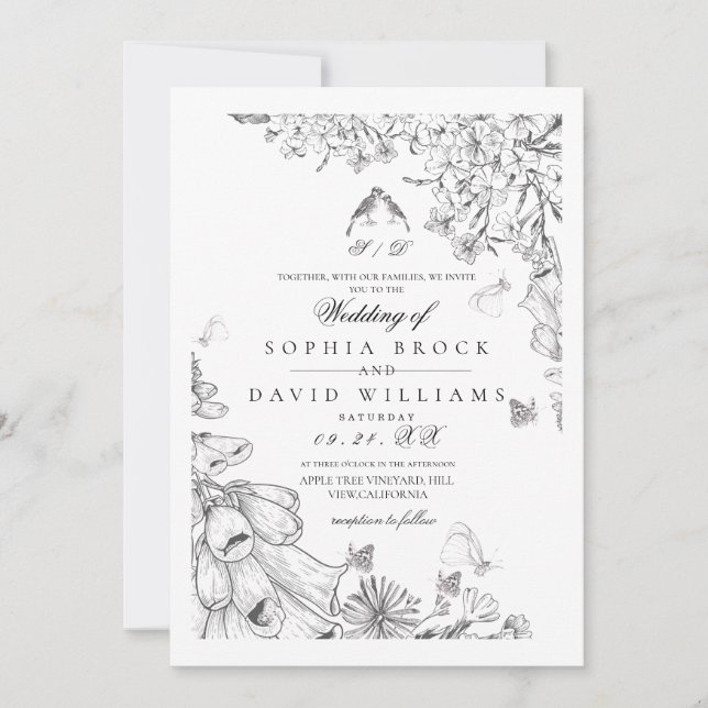 Classic White Black Botanical Wedding  Inbjudningar (Framsida)