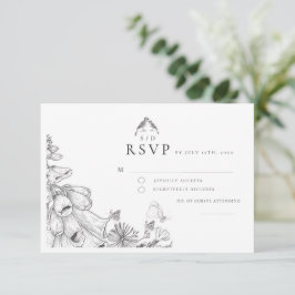 Classic White Black Floral Wedding  RSVP Card OSA Kort