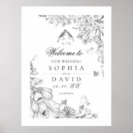 Classic White Black Floral Wedding Welcome  Poster