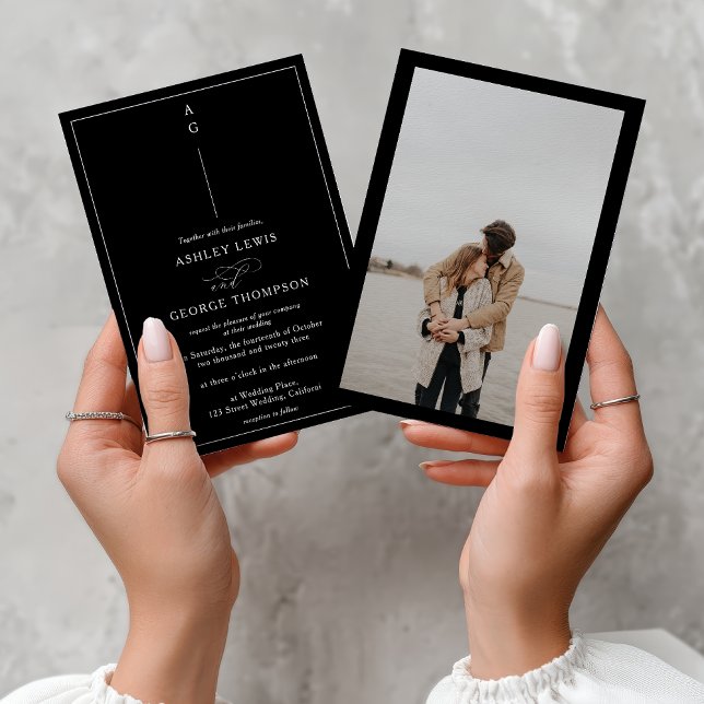 Classic white black photo calligraphy wedding inbjudningar (Classic white black photo calligraphy wedding invitation)