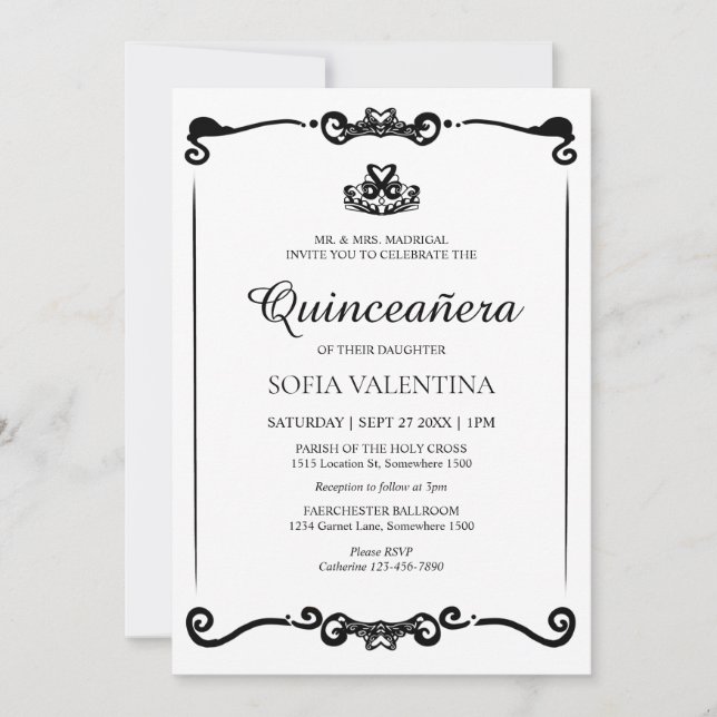 Classic White Black Tiara Quinceanera Inbjudningar (Framsida)