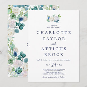 Classic White Flowers Monogram Bröllop Inbjudningar
