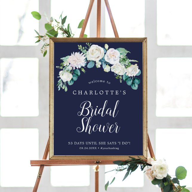Classic White Flowers | Navy Bridal Shower Welcome Poster (Skapare uppladdad)