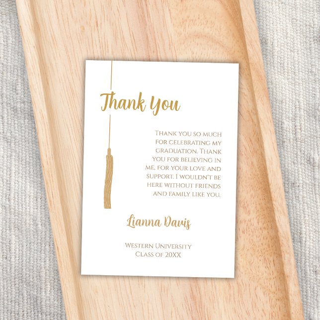 Classic White Guld Tassel Studenten Tack Kort (graduation party thank you card elegant classic golden white tassel)